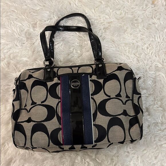 Coach Khaki Signature Striped Satchel Bag in New condition (missing long strap) - Picture 1 of 13